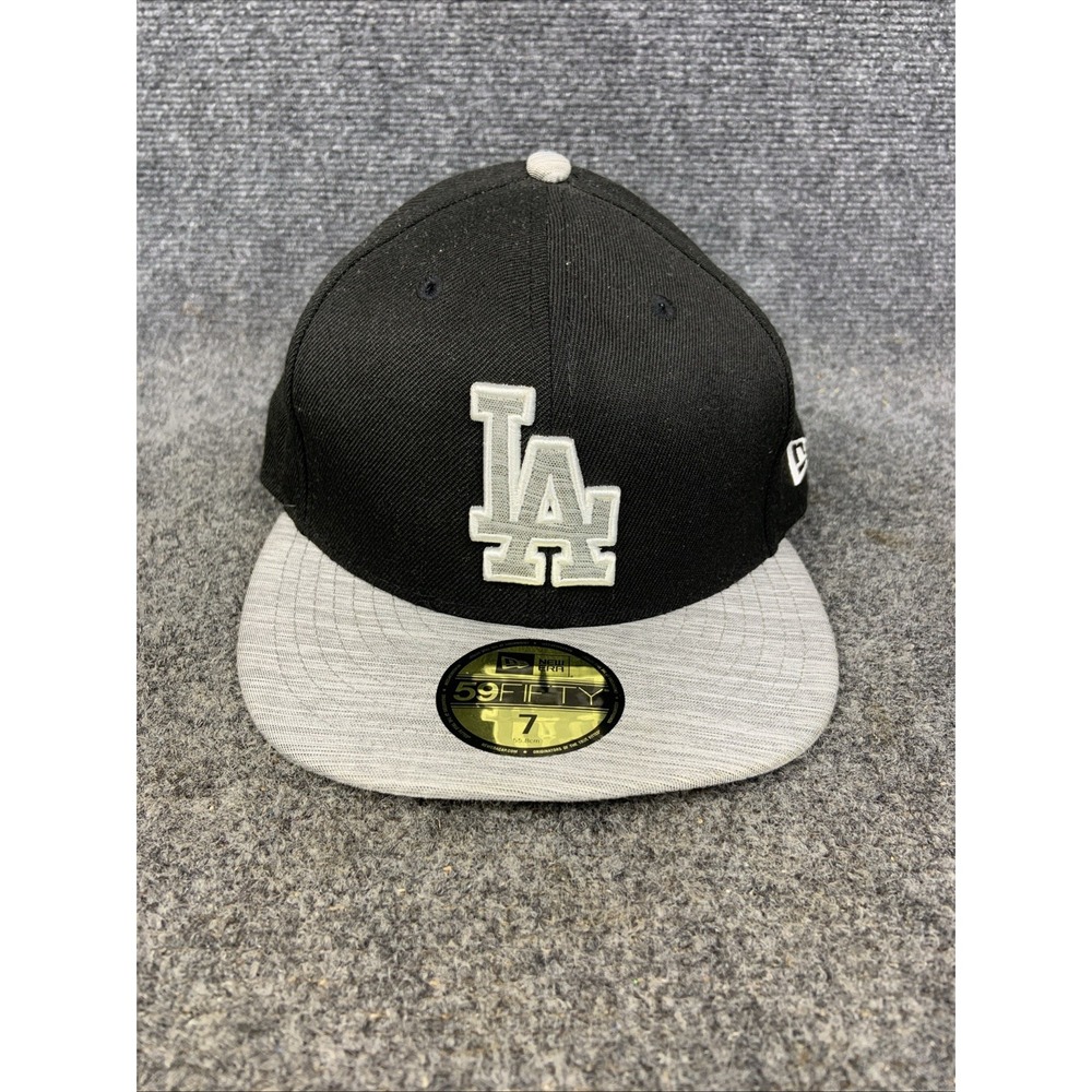 LA Dodgers New Era 59Fifty Flat Bill 7 Fitted Black Gray Hat Cap NEW